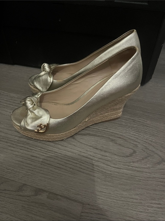 Tory Burch Shoes - Tory Burch Metallic Gold Knot Peep-Toe Wedge Espadrille